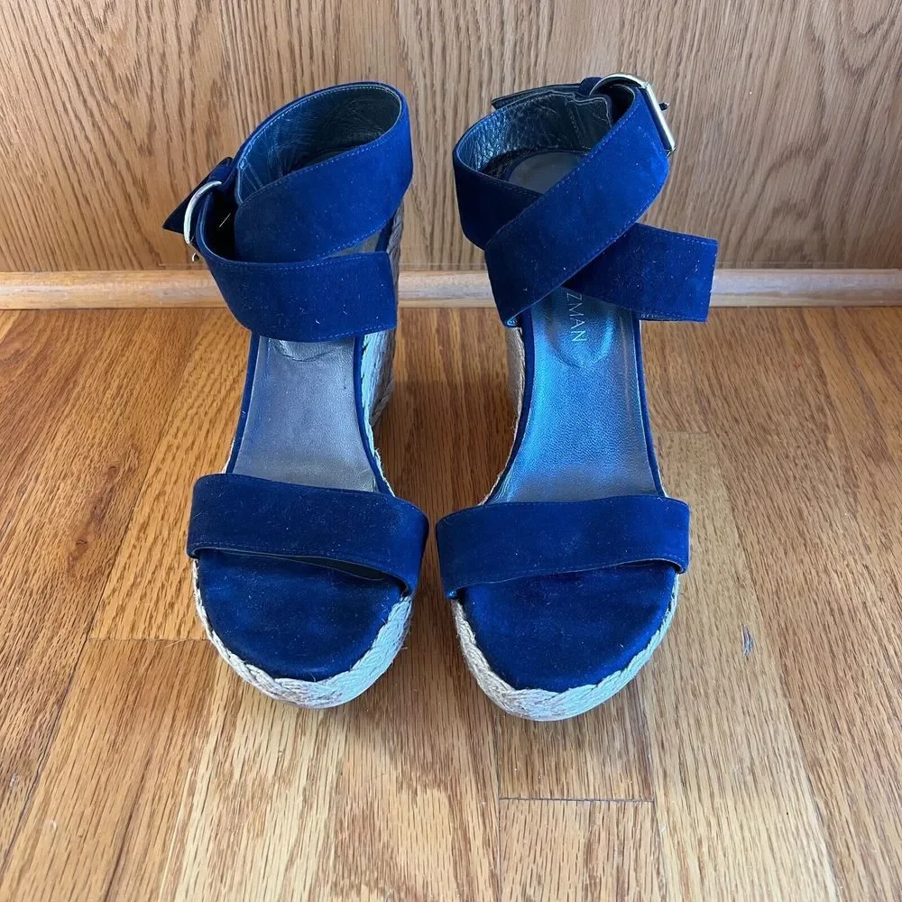 Stuart Weitzman High Chunky Platform Sandal 9.5 M Blue Suede Strappy‎ Wedge Heel